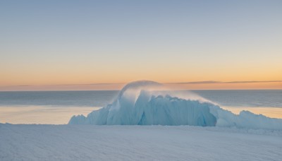 outdoors,sky,water,blue sky,no humans,ocean,beach,nature,scenery,snow,sunset,mountain,sand,horizon,landscape,mountainous horizon,gradient sky,shore,sunrise,day,cloud,pokemon (creature),sun,orange sky