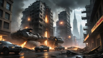 HQ,outdoors,sky,cloud,military,no humans,cloudy sky,fire,ground vehicle,building,scenery,motor vehicle,smoke,science fiction,city,aircraft,military vehicle,car,airplane,road,cityscape,ruins,vehicle focus,street,damaged,skyscraper,debris,burning,destruction,signature