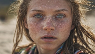 1girl,solo,long hair,looking at viewer,blonde hair,brown hair,green eyes,parted lips,blurry,lips,wet,eyelashes,depth of field,blurry background,portrait,close-up,freckles,realistic,nose,wet hair,dirty,floating hair,wind,messy hair