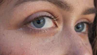 1girl,solo,looking at viewer,blue eyes,brown hair,eyelashes,close-up,freckles,reflection,realistic,eye focus,green eyes,blurry