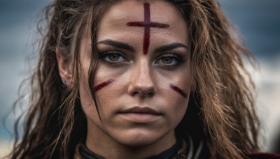 1girl,solo,long hair,looking at viewer,blonde hair,brown hair,brown eyes,jewelry,closed mouth,earrings,blurry,lips,depth of field,blurry background,facial mark,piercing,messy hair,portrait,close-up,forehead,freckles,forehead mark,realistic,nose,eyelashes,scar,cross