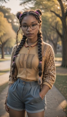 1girl,solo,long hair,breasts,looking at viewer,shirt,black hair,long sleeves,brown eyes,jewelry,standing,braid,cowboy shot,small breasts,outdoors,glasses,shorts,day,collared shirt,artist name,dark skin,hair bun,nail polish,blurry,black eyes,twin braids,bracelet,dark-skinned female,tree,lips,short shorts,double bun,buttons,blurry background,denim,animal print,black nails,forehead,blue shorts,denim shorts,pocket,hand in pocket,realistic,nose,round eyewear,very dark skin,leopard print,multiple braids,medium breasts,earrings,signature,fingernails,makeup,piercing,lipstick,casual,eyeshadow,black-framed eyewear,bespectacled,high-waist shorts