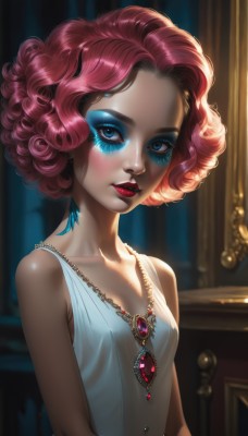 1girl,solo,breasts,looking at viewer,short hair,blue eyes,dress,cleavage,bare shoulders,jewelry,collarbone,upper body,pink hair,red hair,small breasts,parted lips,sleeveless,artist name,signature,necklace,white dress,blurry,lips,eyelashes,makeup,blurry background,lipstick,gem,eyeshadow,curly hair,nose,red lips,eyeliner,mascara,blush,tattoo