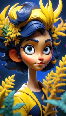 1girl,solo,looking at viewer,short hair,blue eyes,blonde hair,shirt,black hair,hair ornament,blue hair,jacket,upper body,flower,multicolored hair,open clothes,artist name,hair flower,blurry,two-tone hair,lips,eyelashes,makeup,leaf,blue background,blue shirt,zipper,freckles,yellow flower,nose,yellow jacket,head wreath,parted lips,teeth,open jacket,watermark,plant,messy hair