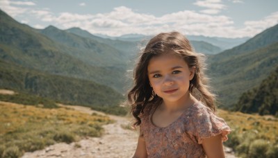 1girl,solo,long hair,looking at viewer,smile,blue eyes,brown hair,shirt,dress,upper body,short sleeves,outdoors,sky,day,cloud,blurry,blue sky,lips,depth of field,blurry background,wavy hair,cloudy sky,child,nature,scenery,mountain,realistic,female child,field,mountainous horizon,brown eyes,curly hair