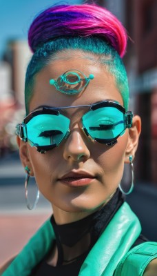 1girl,solo,looking at viewer,short hair,jewelry,closed mouth,upper body,pink hair,purple hair,multicolored hair,earrings,sleeveless,day,dark skin,blurry,vest,two-tone hair,dark-skinned female,lips,gradient hair,makeup,blurry background,turtleneck,watermark,sunglasses,lipstick,portrait,eyeshadow,hoop earrings,realistic,nose,undercut,tinted eyewear,very dark skin,dreadlocks,aviator sunglasses,jacket,closed eyes,outdoors,artist name,signature,eyelashes,aqua hair,eyeliner,cyborg,cyberpunk