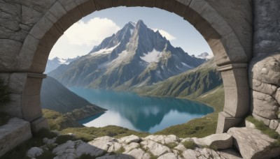 outdoors,sky,day,cloud,water,tree,blue sky,no humans,cloudy sky,grass,nature,scenery,reflection,rock,mountain,fantasy,pillar,river,landscape,mountainous horizon,lake,cliff,ruins,bridge,arch,column