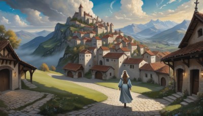 1girl,solo,long hair,brown hair,long sleeves,dress,standing,braid,flower,boots,outdoors,sky,day,cloud,from behind,tree,blue sky,blue dress,bird,cloudy sky,grass,building,scenery,walking,stairs,mountain,fantasy,door,facing away,road,bush,house,wide shot,castle,mountainous horizon,path,town,chimney,windmill,artist name,signature,bag,window,sunlight,backpack,plant,wall,architecture,arch