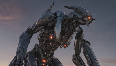 solo,weapon,sky,cloud,orange eyes,gun,no humans,glowing,robot,mecha,glowing eyes,science fiction,realistic,glowing eye,looking ahead,red eyes,humanoid robot