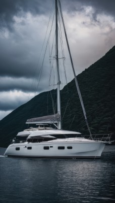 outdoors,sky,day,cloud,water,military,no humans,ocean,cloudy sky,scenery,mountain,military vehicle,watercraft,vehicle focus,ship,boat,power lines,waves,grey sky,warship