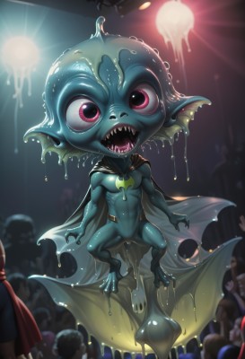 1girl,breasts,open mouth,purple eyes,full body,small breasts,teeth,solo focus,pink eyes,cape,colored skin,squatting,sharp teeth,monster girl,blue skin,green skin,dripping,crowd,fewer digits,fish girl,people,6+others,looking at viewer,male focus,muscular,6+boys,monster,red cape,head fins,slime (substance),fins