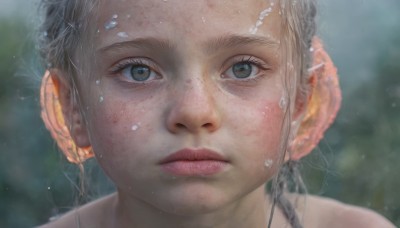 1girl,solo,looking at viewer,blue eyes,brown eyes,jewelry,closed mouth,grey hair,earrings,blurry,lips,wet,grey eyes,eyelashes,depth of field,blurry background,expressionless,portrait,close-up,freckles,realistic,nose,wet hair,hair ornament,water,water drop