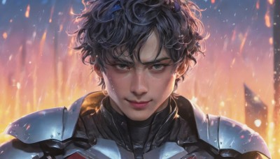 1girl,solo,looking at viewer,smile,short hair,bangs,black hair,1boy,closed mouth,upper body,male focus,armor,blurry,black eyes,lips,grey eyes,blurry background,fire,messy hair,portrait,realistic,straight-on,embers,bodysuit,freckles