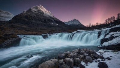 outdoors,sky,water,tree,no humans,night,bird,star (sky),nature,night sky,scenery,snow,forest,starry sky,rock,mountain,winter,river,waterfall,landscape,cliff,aurora,ice,gradient sky