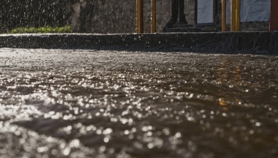 outdoors,water,blurry,no humans,window,grass,scenery,reflection,rain,road,depth of field,plant,water drop