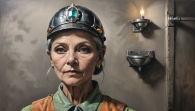 1girl,solo,looking at viewer,shirt,black hair,jewelry,closed mouth,earrings,parted lips,collared shirt,signature,hair bun,black eyes,lips,shadow,single hair bun,helmet,gem,portrait,realistic,green shirt,candle,old,old woman,wrinkled skin,blue eyes,hat,uniform,nose