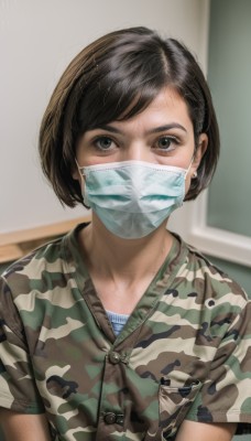 1girl,solo,looking at viewer,short hair,bangs,brown hair,shirt,black hair,brown eyes,jewelry,upper body,short sleeves,earrings,indoors,blurry,uniform,black eyes,grey eyes,military,military uniform,mask,blurry background,swept bangs,bob cut,realistic,mouth mask,camouflage,chalkboard,surgical mask,camouflage jacket,striped,striped shirt,green shirt