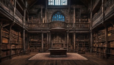 indoors,book,no humans,window,chair,sunlight,scenery,light rays,wooden floor,stairs,bookshelf,candle,architecture,library,stained glass,ladder,church,arch,candlestand,chandelier,day,table,fantasy,carpet