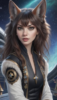 1girl,solo,long hair,breasts,looking at viewer,bangs,brown hair,long sleeves,animal ears,brown eyes,jewelry,medium breasts,jacket,upper body,earrings,parted lips,open clothes,sky,necklace,lips,fur trim,fox ears,eyelashes,night,star (sky),night sky,extra ears,zipper,starry sky,freckles,realistic,nose,unzipped,space,planet,shirt,artist name,signature,star (symbol),vest,open jacket,animal ear fluff,black shirt,makeup,emblem,badge