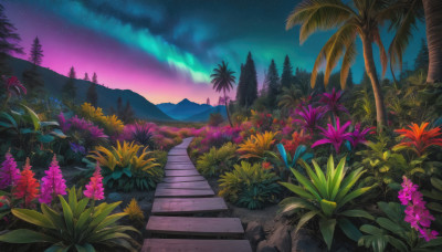 flower, outdoors, sky, tree, no humans, night, plant, star (sky), nature, night sky, scenery, forest, starry sky, sunset, stairs, mountain, purple sky, aurora