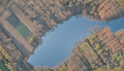 outdoors,sky,day,cloud,tree,blue sky,no humans,leaf,traditional media,grass,plant,nature,scenery,forest,ruins,pillar,landscape,moss,water,dutch angle,reflection,overgrown,reflective water