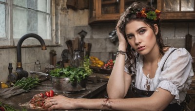 1girl,solo,long hair,looking at viewer,brown hair,shirt,black hair,hair ornament,jewelry,sitting,white shirt,upper body,flower,short sleeves,food,indoors,hair flower,blurry,black eyes,bracelet,lips,wet,grey eyes,window,blood,fruit,chair,table,knife,plant,freckles,realistic,nose,head wreath,tomato,vegetable,brown eyes,ring,carrot,hand on own head,dirty,kitchen,onion,salad