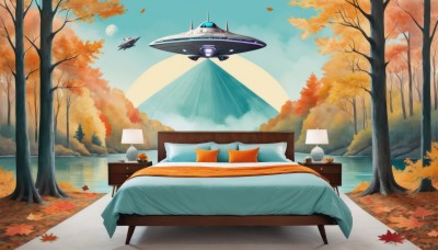 outdoors,sky,day,cloud,water,tree,blue sky,pillow,no humans,bed,leaf,moon,table,nature,scenery,forest,science fiction,mountain,aircraft,sun,airplane,lamp,autumn leaves,maple leaf,autumn,lake,bench,computer,landscape,spacecraft,ufo