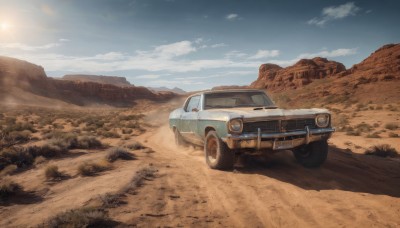 outdoors,sky,day,cloud,blue sky,no humans,grass,ground vehicle,scenery,motor vehicle,mountain,sand,sun,car,road,vehicle focus,mountainous horizon,desert,dust,wheel,truck,smoke,field,landscape