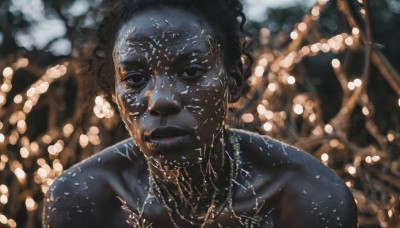 solo,looking at viewer,short hair,black hair,1boy,jewelry,upper body,male focus,dark skin,necklace,blurry,black eyes,lips,blurry background,dark-skinned male,realistic,very dark skin,dreadlocks,afro,1girl,parted lips,depth of field,colored skin,portrait,curly hair,very short hair