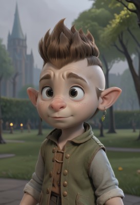 solo,looking at viewer,smile,brown hair,shirt,1boy,brown eyes,jewelry,closed mouth,upper body,male focus,earrings,outdoors,day,pointy ears,blurry,vest,tree,blurry background,grass,child,freckles,male child,brown vest,lalafell,sky,belt,artist name,realistic,mohawk