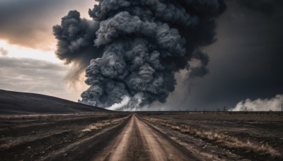 outdoors,sky,cloud,tree,no humans,cloudy sky,scenery,smoke,mountain,watercraft,ship,landscape,nature,field