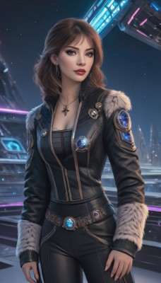 1girl,solo,long hair,breasts,looking at viewer,blue eyes,brown hair,long sleeves,cleavage,jewelry,medium breasts,standing,jacket,cowboy shot,earrings,sky,belt,pants,necklace,star (symbol),lips,fur trim,makeup,night,black pants,lipstick,star (sky),night sky,pendant,science fiction,realistic,nose,red lips,leather,parted lips,black jacket,bodysuit,starry sky