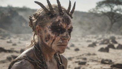 solo,long hair,blonde hair,1boy,closed mouth,upper body,braid,male focus,outdoors,horns,teeth,day,blurry,blurry background,scar,portrait,realistic,closed eyes,armor,tree,blood,facial hair,rock