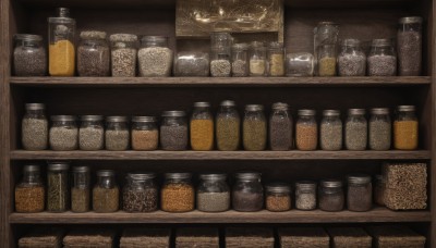 indoors,no humans,bottle,scenery,realistic,shelf,food focus,jar,still life,shop,bar (place),counter