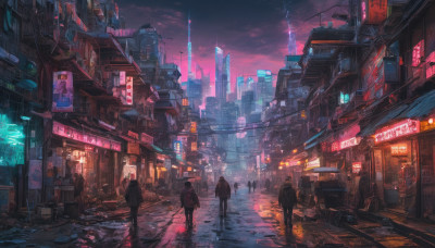 outdoors, multiple boys, sky, cloud, night, ground vehicle, building, scenery, science fiction, 6+boys, city, sign, road, cityscape, dark, street, skyscraper, city lights, cyberpunk, neon lights