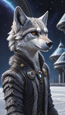 solo,1boy,animal ears,jewelry,closed mouth,yellow eyes,upper body,male focus,outdoors,sky,artist name,signature,vest,fur trim,night,scar,brooch,gem,star (sky),night sky,scar on face,furry,starry sky,scar across eye,furry male,body fur,white fur,planet,animal nose,wolf,whiskers,black fur,grey fur,blurry,no humans,animal,moon,colored sclera,realistic,space,pillar,earth (planet)