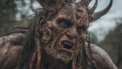 solo,long hair,looking at viewer,open mouth,black hair,1boy,upper body,male focus,outdoors,horns,teeth,blurry,black eyes,blurry background,fangs,portrait,monster,brown eyes,colored skin,close-up,veins,realistic,tusks