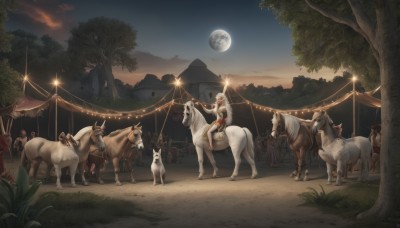 1girl,long hair,white hair,outdoors,multiple boys,horns,sky,cloud,tree,night,animal,moon,grass,plant,nature,night sky,scenery,full moon,forest,6+boys,fantasy,riding,horse,horseback riding,multiple girls,blonde hair,hat,cape