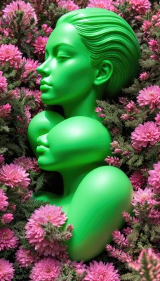 1girl,solo,short hair,blonde hair,green eyes,closed eyes,upper body,flower,green hair,lips,profile,colored skin,pink flower,realistic,nose,green skin,green theme,1boy,male focus,lying,from side,alien,lotus