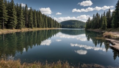 outdoors,sky,day,cloud,water,tree,blue sky,no humans,cloudy sky,grass,nature,scenery,forest,reflection,mountain,river,landscape,lake,reflective water