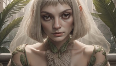 1girl,solo,looking at viewer,short hair,bangs,blonde hair,brown hair,bare shoulders,brown eyes,closed mouth,collarbone,upper body,artist name,lips,eyelashes,leaf,plant,portrait,veil,realistic,nose,bob cut,close-up,freckles