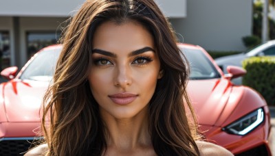 1girl,solo,long hair,looking at viewer,smile,brown hair,brown eyes,closed mouth,artist name,dark skin,blurry,dark-skinned female,lips,blurry background,thick eyebrows,ground vehicle,portrait,motor vehicle,realistic,nose,car,signature,eyelashes,depth of field,messy hair,vehicle focus,sports car