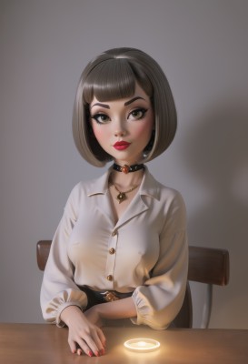 1girl,solo,breasts,looking at viewer,short hair,bangs,skirt,brown hair,shirt,black hair,long sleeves,brown eyes,jewelry,medium breasts,sitting,closed mouth,green eyes,collarbone,white shirt,upper body,small breasts,choker,puffy sleeves,collared shirt,belt,artist name,blunt bangs,necklace,nail polish,covered nipples,lips,fingernails,see-through,eyelashes,dress shirt,no bra,makeup,buttons,shadow,black choker,chair,table,bob cut,thick eyebrows,lipstick,red nails,pendant,freckles,black belt,nose,red lips,eyeliner,on chair,mascara,blush,smile,simple background,heart,own hands together,blouse,eyeshadow