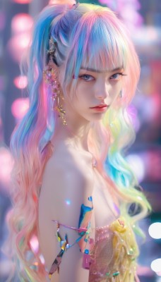 1girl,solo,long hair,breasts,looking at viewer,bangs,blue eyes,hair ornament,dress,cleavage,bare shoulders,jewelry,medium breasts,closed mouth,blue hair,upper body,ponytail,pink hair,multicolored hair,earrings,small breasts,blunt bangs,necklace,blurry,from side,two-tone hair,lips,eyelashes,strapless,gradient hair,makeup,depth of field,blurry background,wavy hair,piercing,lipstick,gem,strapless dress,realistic,nose,red lips,bokeh,mascara,artist name,grey eyes,watermark,ear piercing,armlet