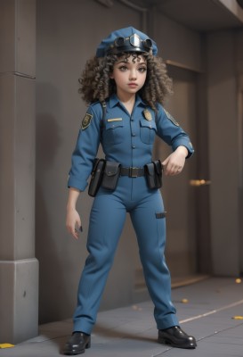 1girl,solo,long hair,breasts,looking at viewer,brown hair,shirt,black hair,long sleeves,hat,brown eyes,closed mouth,standing,full body,shoes,collared shirt,belt,pants,artist name,indoors,black footwear,uniform,dark-skinned female,lips,shadow,blue shirt,goggles,blue headwear,curly hair,pocket,black belt,pouch,blue pants,red lips,breast pocket,belt pouch,police,police uniform,policewoman,hallway,police hat,dreadlocks,tattoo,facial mark,sunglasses,eyewear on head,jumpsuit