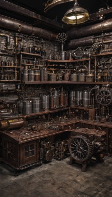 indoors,no humans,bottle,scenery,stairs,bookshelf,shelf,gears,barrel,industrial pipe,steampunk,crate,window,clock,wheel