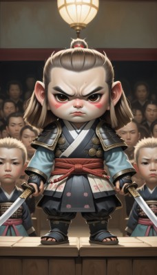 1girl,long hair,looking at viewer,blonde hair,holding,brown eyes,closed mouth,standing,full body,weapon,japanese clothes,multiple boys,solo focus,pointy ears,sword,indoors,kimono,holding weapon,armor,lips,sash,frown,facial mark,holding sword,sandals,katana,shoulder armor,child,dual wielding,6+boys,female child,japanese armor,male child,topknot,blush,brown hair,hair ornament,1boy,male focus,chibi,sheath,serious,forehead mark,realistic