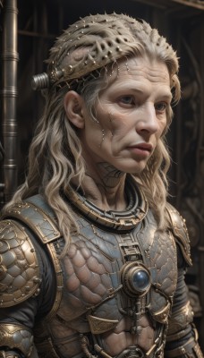 1girl,solo,long hair,looking at viewer,blue eyes,blonde hair,1boy,closed mouth,upper body,male focus,armor,lips,grey eyes,scar,shoulder armor,breastplate,realistic,old,chainmail,white hair,curly hair,nose,power armor