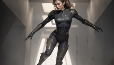 1girl,solo,long hair,breasts,brown hair,gloves,brown eyes,medium breasts,standing,ponytail,black gloves,indoors,armor,blurry,lips,looking to the side,bodysuit,blurry background,outstretched arms,shoulder armor,realistic,black bodysuit,looking at viewer,no humans,locker