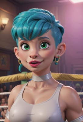 bulma,1girl,solo,breasts,looking at viewer,smile,short hair,cleavage,bare shoulders,jewelry,medium breasts,green eyes,blue hair,collarbone,upper body,earrings,parted lips,teeth,choker,indoors,blurry,covered nipples,lips,see-through,eyelashes,aqua hair,makeup,muscular,blurry background,bandages,thick eyebrows,tank top,lipstick,freckles,hoop earrings,realistic,nose,white choker,mascara,bangs,small breasts,artist name,signature,depth of field,armband,armlet